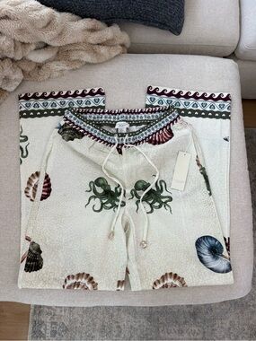 Calypso St. Barth Cream Nautical-Print Drawstring Linen Pants